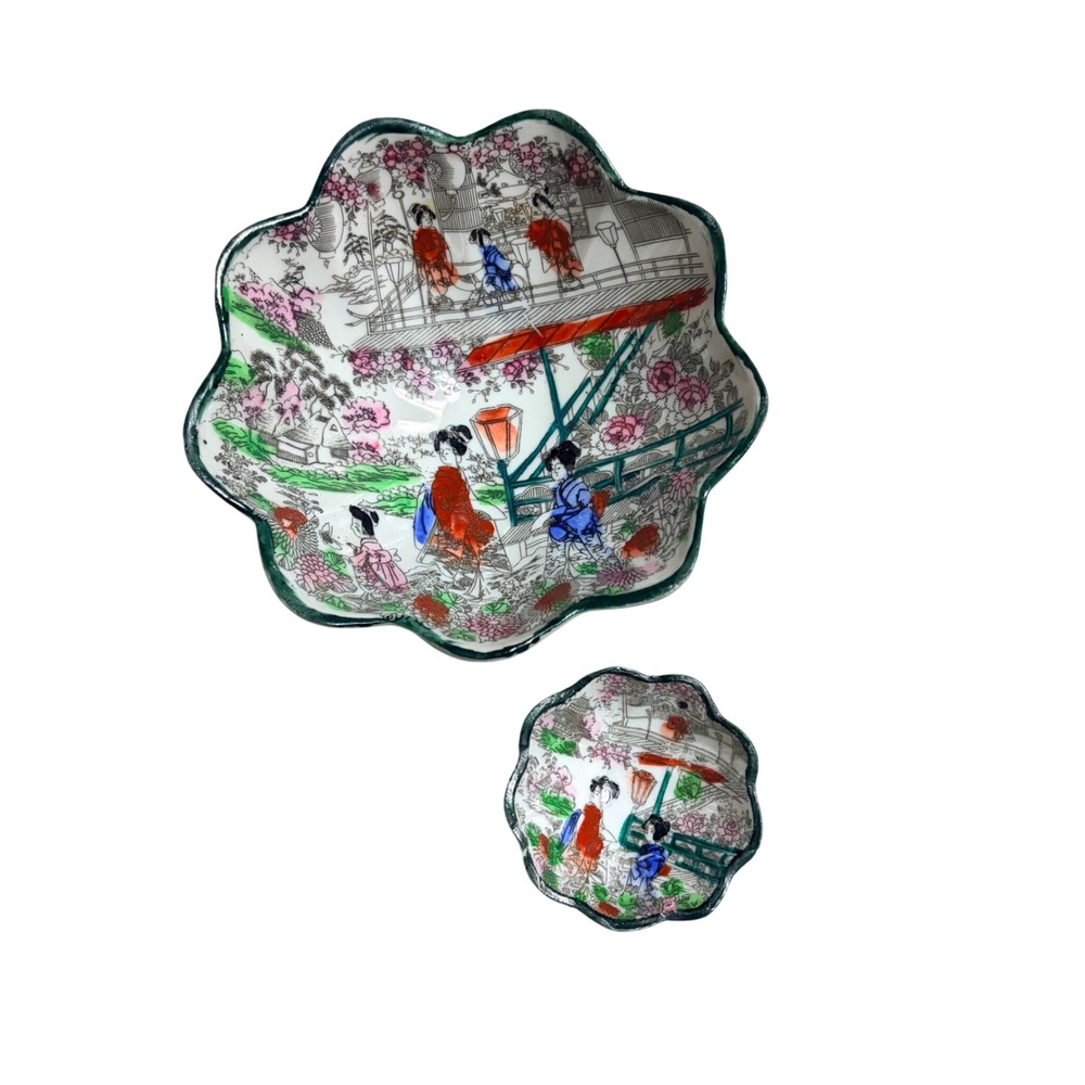 Vintage Hand Painted Japanese Porcelain Geisha Nut Bowl Set Scalloped Tripod IT